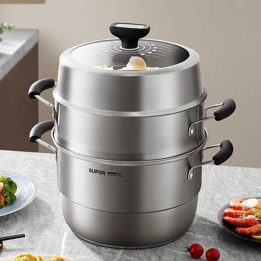 SUPOR steamer 304 stainless steel steamed bun pot thickened composite bottom soup pot three-layer steamer household smart and easy-to-take large-capacity pot thickened composite bottom 3 layers 26cm