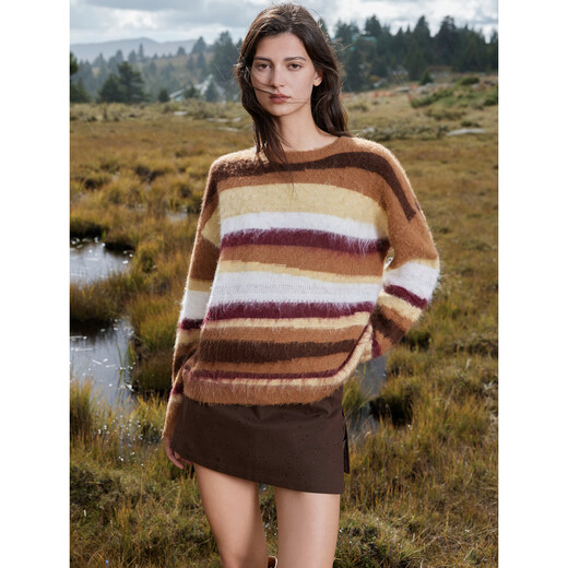 ELLE Retro Sheep Wool Alpaca Striped Sweater Women's 2025 Winter New Lazy Loose Knit Sweater Striped S