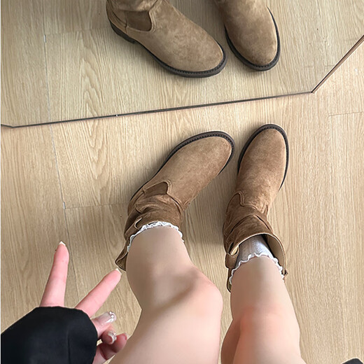 Landuo Retro Martin Boots Women's 2025 Winter New Versatile Western Cowboy Boots Thick Soled Height Chelsea Slim Boots Khaki Single Layer 38 (240mm) Standard Size Fat Feet Wide Foot One Size Larger