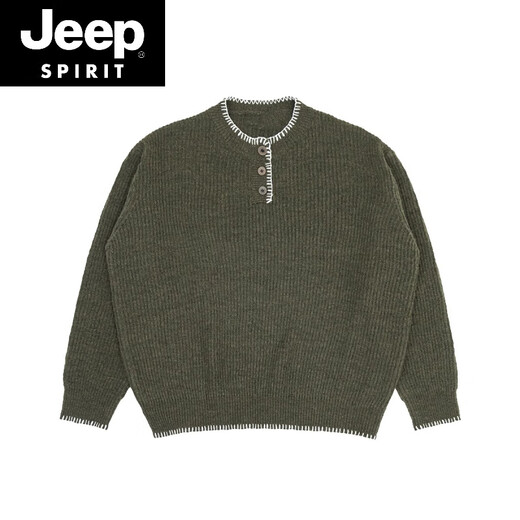 JEEP SPIRIT American retro design casual Henry collar sweater sweater for men and women loose autumn couple lazy pullover top green high quality M