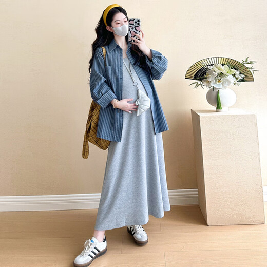 Geman Mutterschaftskleid Sommer Dünn 2025 Koreanische Version Lazy Style Anzug Hemd Mutterschaftskleid Zweiteiler Weste Long Rock Schwarzer Hossportrock + Blaues Shirt xl