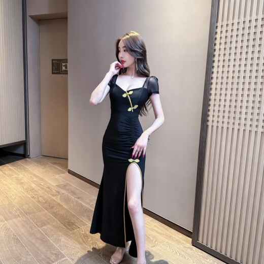 Qiao Xuan Dai Fußbadetechniker Spa Cheongsam Long Workwear Neue Partykleid sexy Schlitz eng langer Rock Chinesische Nacht 13583 Schwarzer langer Rock M.