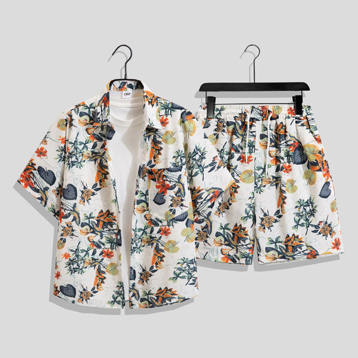 MOLOON swimsuit men's beach flower shirt suit loose large size Hawaii seaside vacation casual couple shirt suit 3682 suit XL (recommended weight 125-145Jin Jin equals 0.5 kg)