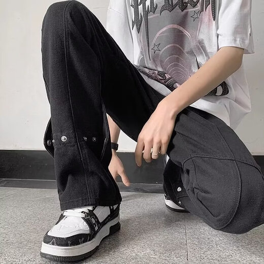 POUM scimitar micro-flared jeans men's American high street handsome zipper-breasted winter vibe straight long pants men DFFS-756 black regular L 105-120Jin Jin is equal to 0.5 kg