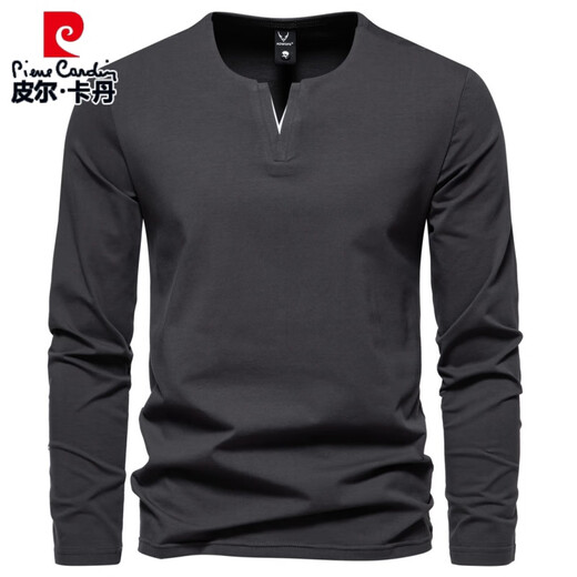 Pierre Cardin Henry heavyweight men's long-sleeved T-shirt with spring and autumn slim casual v-neck solid color bottoming shirt clothes top dark gray L