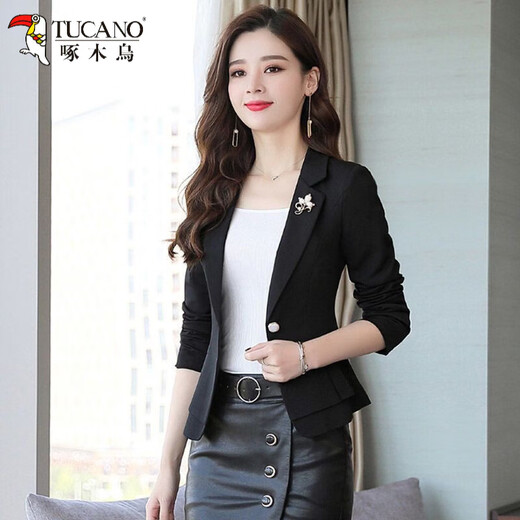 Woodpecker with skirt short small suit for women 2025 spring and autumn new slim waist professional suit small man jacket formal black L recommended 110-120 Jin Jin equals 0.5 kg
