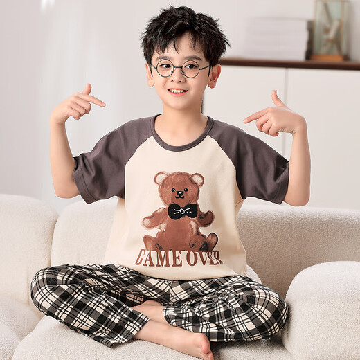 Mannido pajamas boys summer new short-sleeved trousers boys big children spring and autumn teenagers pure cotton children air-conditioned home clothing N9901 [short length] 165 L size recommended 160-165cm