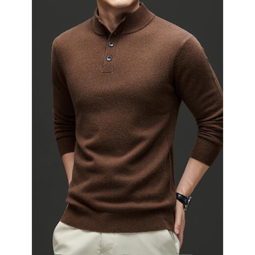 SEMALAM2025 autumn and winter new style wool thickened Henry collar button solid color pure wool warm simple men's knitted sweater brown M