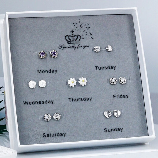 Yingtang Lao Phoenix Gold Store Model One Week 9999 Sterling Silver Earrings Gift Box Set AB Style Asymmetric Seven Days Earrings Girls Birthday 15 Lao Fengxiang Same Style