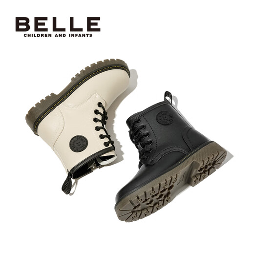 Belle children's shoes, girls' Martin boots, autumn and winter boys' warm short boots, children's soft sole leather boots, medium-sized children's baby boots trend DE3891 black 27
