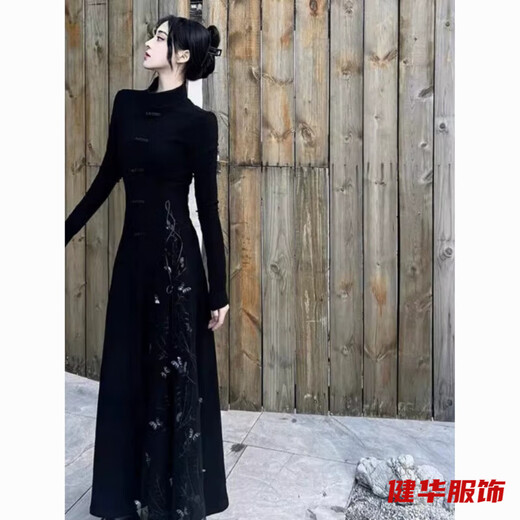 Yinchu early autumn new Chinese style women's clothing, chic and unique national style cheongsam, Buddhist Zen tea dress, autumn and winter style, black-cheongsam S 160