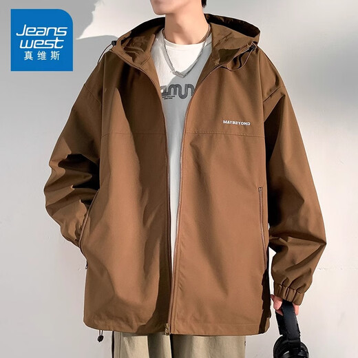 真维斯（Jeanswest）外套男士春秋季户外宽松连帽款青少年开衫冲锋夹克防风上衣服褂子 727黑色 L