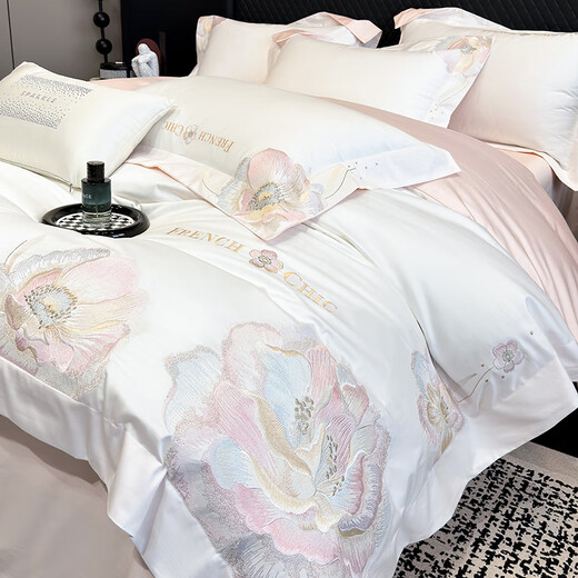 Mercury Series Light Luxury 200 Count Class A Long Staple Cotton Four-piece Set Pure Cotton Skin Friendly Sheets and Quilt Covers European Style Naked Sleeping Cotton Bedding Dell-Starry Blue 1.8 Meter Sheet Style Suitable for Quilt Core 200x230