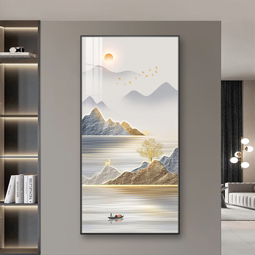 北欧空间入户玄关装饰画正对门入户画玄关过道挂画客厅山水画感玄关画 A677/金鹿送福 40*80(铝框+晶瓷面)