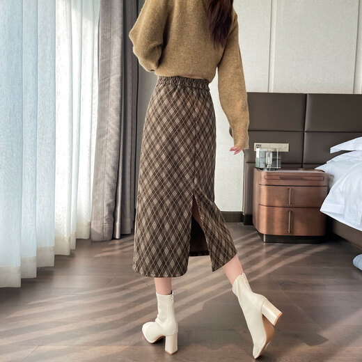 Awakening Paradise Winter Hip Skirt High Waist Slim Versatile Retro Plaid A-Line Woolen Skirt Women Green Plaid L