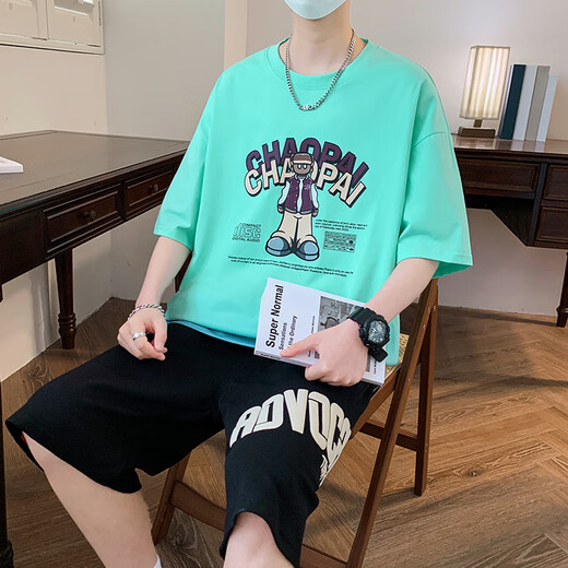 Bailedi T-shirt à manches courtes garçons 12-15 ans collégiens costume d'été 16 adolescents et enfants plus âgés vêtements d'été tendance et beau WY-6169 Lake Blue (manches courtes + short) 180 3XL (140-160Jin Jin équivaut à environ 0,5 kg)