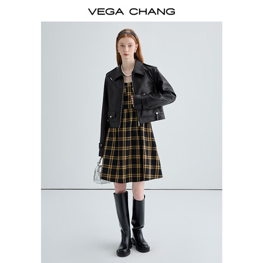 VEGA CHANG black leather jacket for women 2025 autumn new British style cool motorcycle leather jacket short coat Obsidian Black S