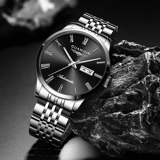 GUANQIN men's watch Swiss quality wear-resistant waterproof luminous fully automatic mechanical watch dual calendar watch men's mechanical watch fully automatic mechanical model-silver shell black surface