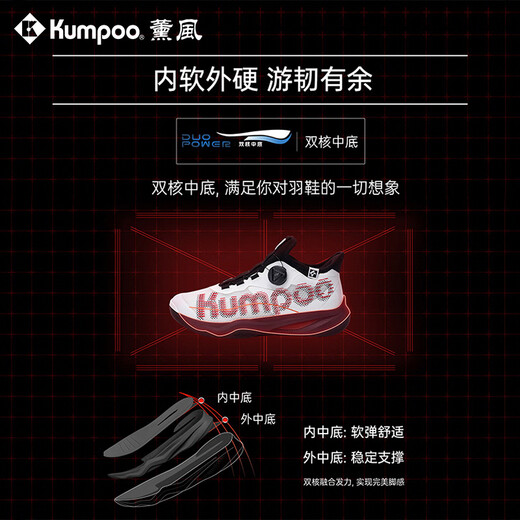 薰风（KUMPOO）熏风羽毛球鞋熏风厚羿pro羽毛球鞋男士羽毛球鞋女士羽毛球鞋薰风 厚羿PRO KH-G826S 白/红/黑|纽扣 43