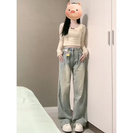 灿图美式高街阔腿牛仔裤女春夏季小个子宽松显瘦高腰直筒休闲长裤子女 浅蓝色 XL