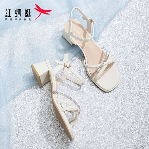 Red Dragonfly Leap Month Sandals for Women in Summer One-Strip Thick Heel French High Heels Temperament Women's Sandals WLK24083 Beige White 37