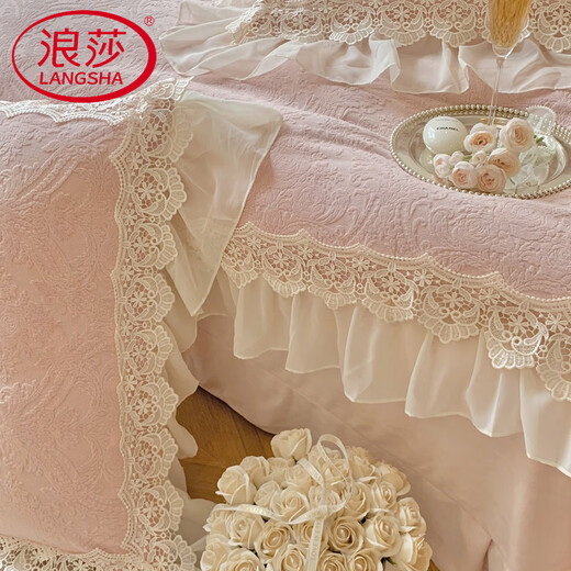 Langsha 2025 autumn and winter new thickened carved velvet baby velvet Annabell series French double-layer lace four-piece set Annabell pink bed sheet style 1.5m four-piece set