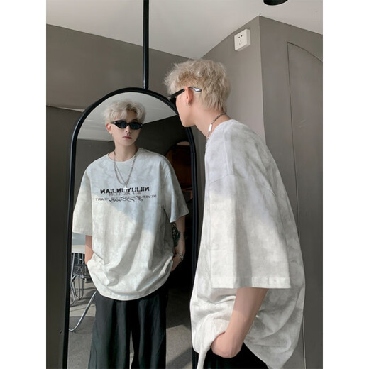 Black Box White American Tie-Dye Kurzärärmelte T-Shirt für Männer 2025 Sommerkleidung Herrenmodemarke Schwere, halbärmelige Paar T-Shirt für Männer, Weiß regelmäßig [Vorgeschlagen, eine größere Größe zu nehmen] l [110-130jin [Jin gleich 0,5 kg]]]