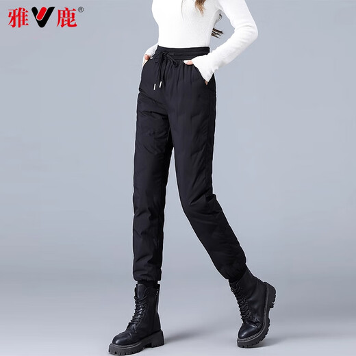 Yalu Down Pants Women's Outerwear 2025 Winter New Style Warm and Slimming High Waist Thickened Elastic Cotton Pants Leg-tie Women's Sweatpants Black XL
