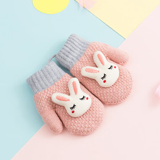 9i9 baby gloves winter thickened and velvet baby gloves for students and children hanging neck outdoor warm A188 rabbit