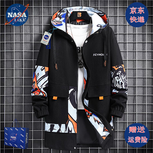 NASALIKE official trendy brand mid-length windbreaker jacket men's spring and autumn winter large-size hooded jacket student graffiti plus velvet jacket N73 white (spring and autumn style) XL (168-175cm 120-140Jin[Jin equals 0.5 kg])