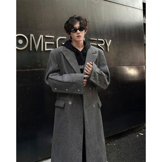 NEW OR MODE British style long lapel woolen coat men's autumn and winter new style versatile rivets high-end loose trendy brand coat black L