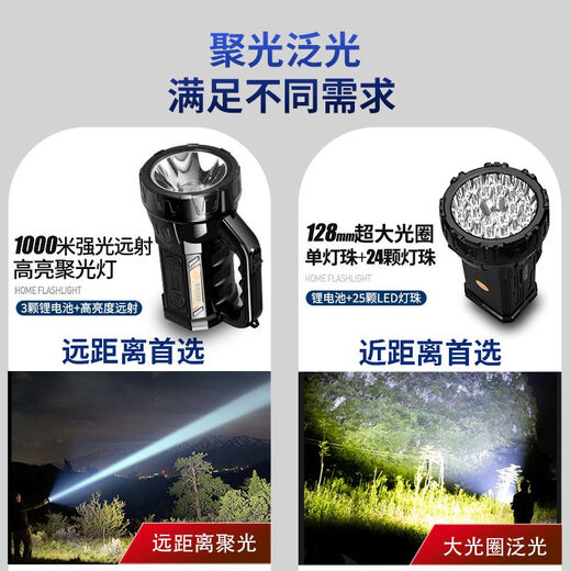 筏芯手电筒超长续航24小时大泛光可充强光散光探照灯家用户外亮提灯 家用散光：近光大光圈+进口锂电 25颗灯珠+侧灯【大光圈停电首选】