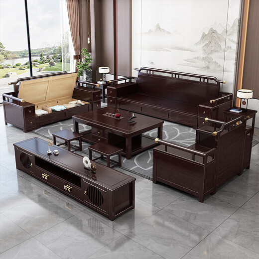 Zihua Massives Holzsofa Wohnzimmer Neues chinesisches Stil Schwarz Gold Holz Aufbewahrung Imperial Concubine Stoff Kombination Leicht Luxus kleine Wohnung Möbel