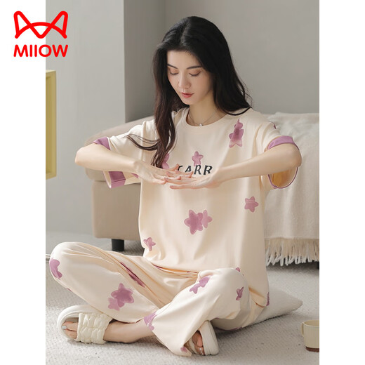 猫人（MiiOW）夏季女士短袖睡衣套装纯棉全棉长裤家居服春秋薄款春秋天可外穿 Y9713 M (建议75-95斤)
