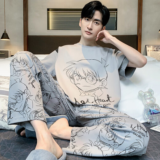 
JUNJUNSUIDIMEI Men's pajamas summer pure cotton short-sleeved trousers cartoon teenagers spring and autumn summer thin large-size home clothing set short-length-WB-671 Dingdang Cat L standard (high 165-170 100-125Jin [Jin equals 0.5 kg])