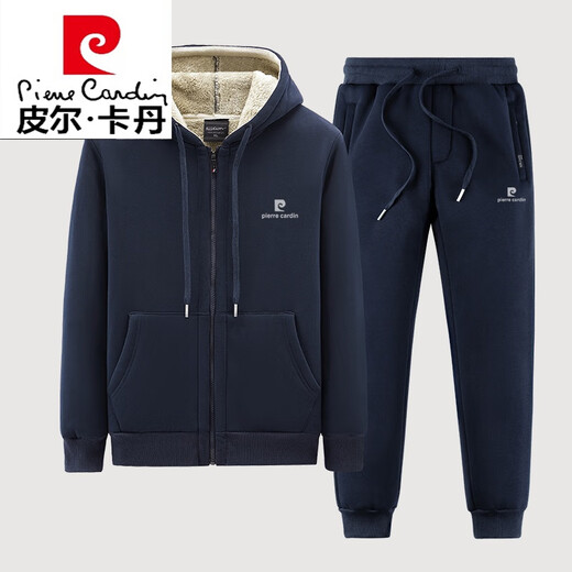 Pierre cardin winter lamb velvet sweatshirt set men's plus velvet thickened warm autumn and winter men's casual sports set knitted black lamb velvet (819+967 straight set) 2XL (130-145Jin [Jin equals 0.5 kg])