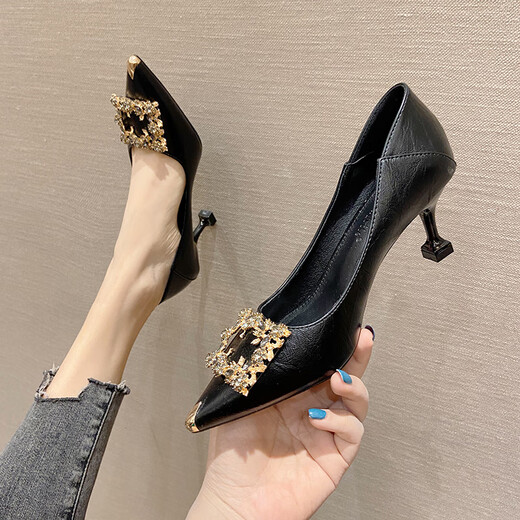 
Belle-Tao series brand broken-size high heel shoes for women new soft leather without grinding thin heel buckle pointed cat heel shoes working apricot color 4.5cm 38