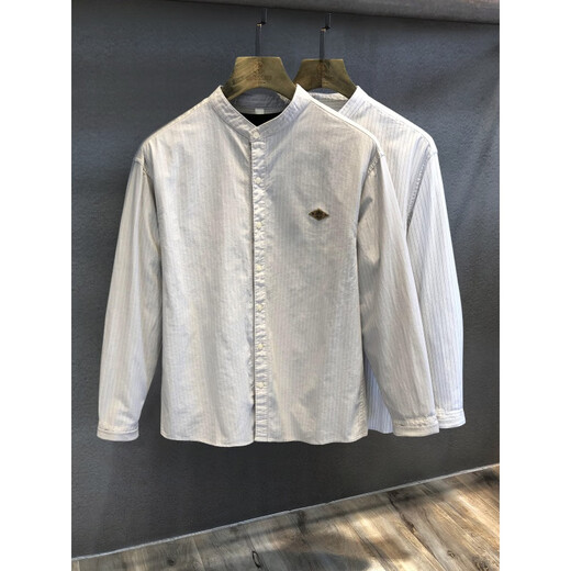 GUANGAN AEPE pure cotton comfortable high-end light mature Henry collar striped long-sleeved shirt men's spring and autumn American retro casual shirt white light business temperament pure cotton loose version L 125-140Jin Jin equals 0.5 kg