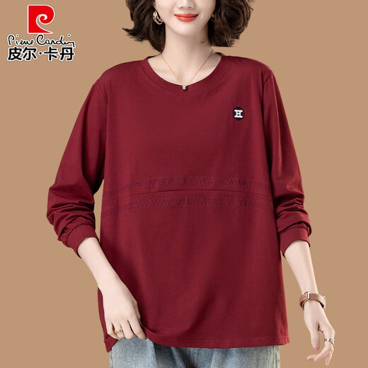 Pier Cardin plus Fat Plus Taille T-shirt en coton pur pour femmes Sweats-shirts à manches longues à manches longues et à manches automobiles de base de base de la mère âgée d'âge moyen (9923] 4xl Convient pour 160-180jin [Jin est égal à 0,5 kg]
