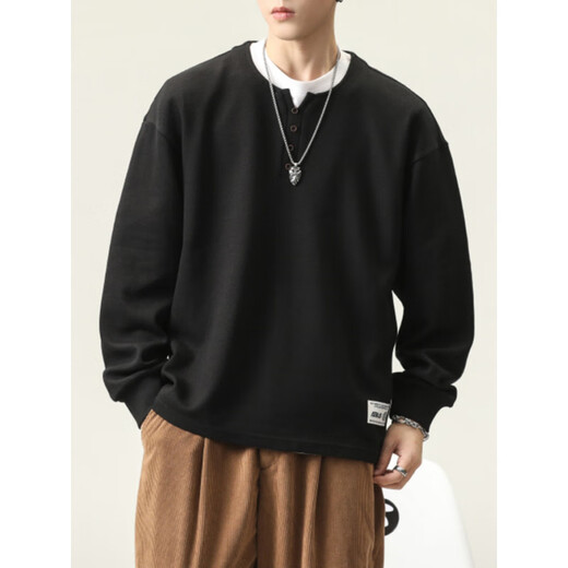 KXKE spring heavy cotton men's long-sleeved T-shirt loose large size American trendy brand casual Henry collar bottoming shirt sweatshirt black 4XL recommended 170-185Jin Jin equals 0.5 kg