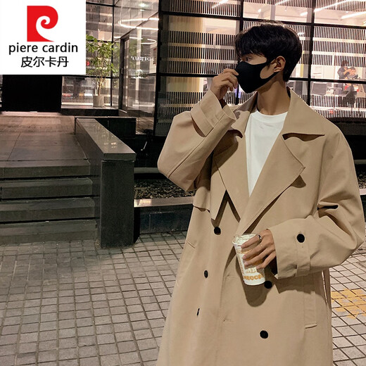 Pierre Cardin knitted Balmacen coat for men, autumn style mid-length windbreaker for business wear, Kensington khaki coat, khaki M