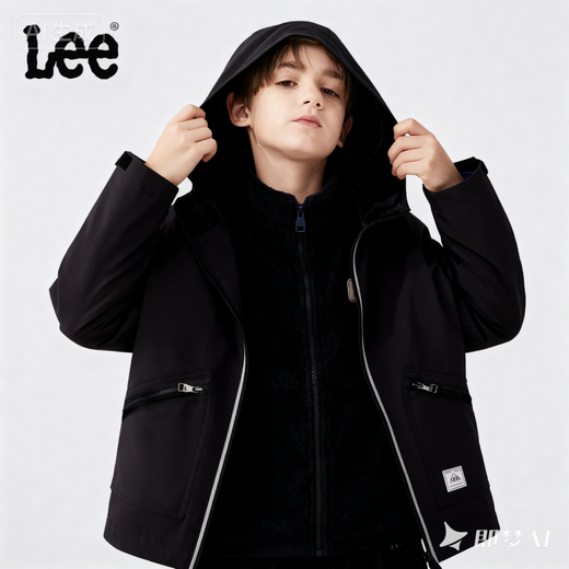Lee Children's Jacket 2025 Autumn New Men's and Women's Clothes Three-Proof Outdoor Hooded Jacket Three-in-One Top Black Upgraded 140 cm