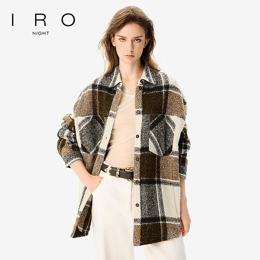 IRO NIGHT Brown Plaid Shirt Wool Jacket Straight Sheep Wool French Light Luxury 25 Autumn New Khaki Plaid XXS