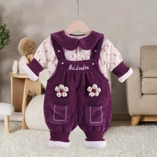 G.duck冬装婴儿可开档棉衣棉服娃娃领甜美婴幼儿女童秋冬背带裤夹棉套装 桃红 【花朵背带】 90 (70-80cm22斤以内)