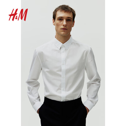 H&M男装衬衫夏季商务职业易熨烫修身通勤正装长袖衬衣上衣0976709 白色 S 170/92