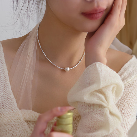 Xuju Shijia Pearl Pendant Broken Silver Couple Necklace Women's Niche High-Quality Imitation Pearl Clavicle Chain as a Gift for Wife Broken Silver Couple Pearl Necklace Y128