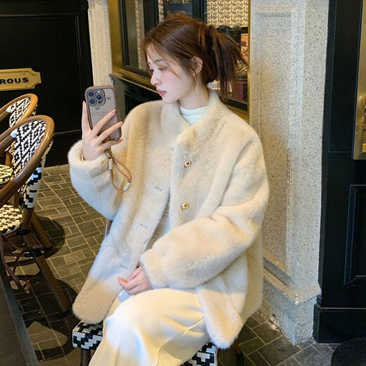 Cool Nello Fur Women's New Thickened Imitation Mink Fur One-piece Fur Jacket Women's Winter Short Stand Collar Eco-friendly Leather Cream White M