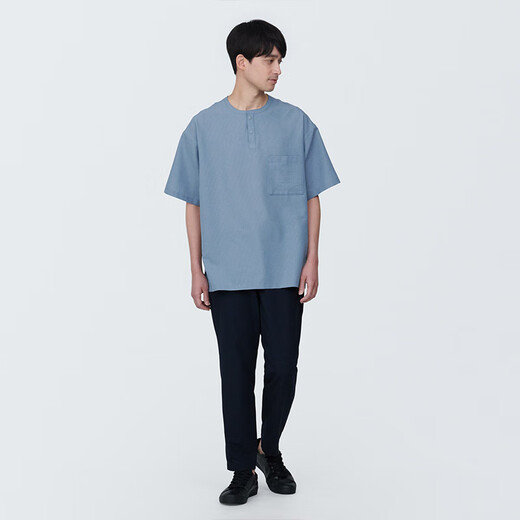 无印良品（MUJI） 男式 易干弹力泡泡纱 亨利领短袖衫 男士打底衫男款 AC1WAA4S 烟熏蓝色 L 175/100A