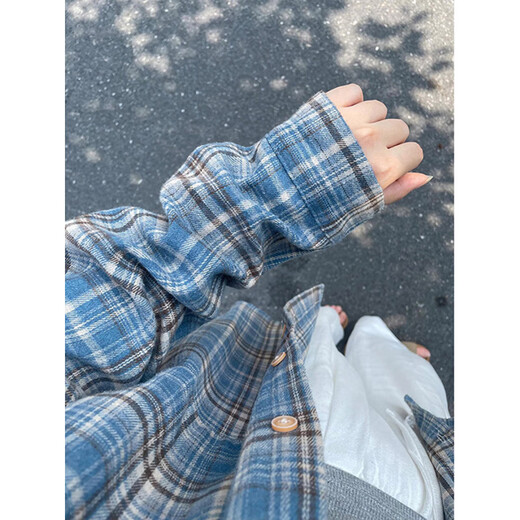 裴诗妍蓝色磨毛格子衬衫男款长袖秋冬季加绒加厚美式复古通勤风衬衣外套 c9734黄格 加绒 M  95-115斤可穿
