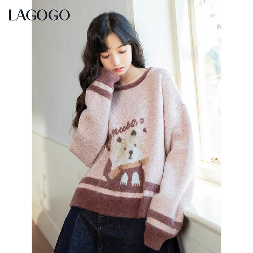 LAGOGO Cute Dog Yuexin Contrast Color Collar Mixed Pollen Sweater Women Lagogu 2025 Winter Imitation Mink Velvet Sweater Mixed Color L